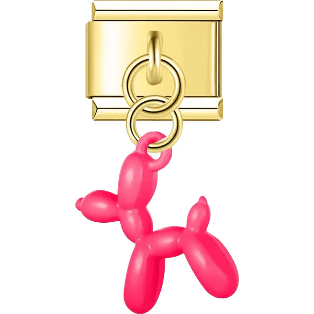 Gold Italian charm dangle with a rose red balloon dog figurine hanging from two gold rings.